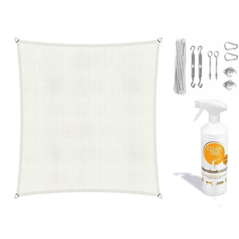 Compleet pakket: Shadow Comfort vierkant 5x5 Mineral White met RVS Bevestigingsset en buitendoekreiniger