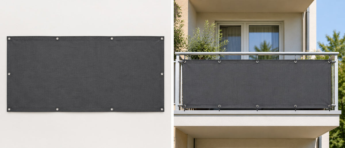 Balkon scherm donkergrijs 445 x 76 cm – los en gemonteerd aan een balkonhek