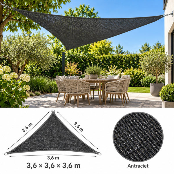 Camouflage schaduwdoek driehoek 3,6 x 3,6 x 3,6 m antraciet boven een terras