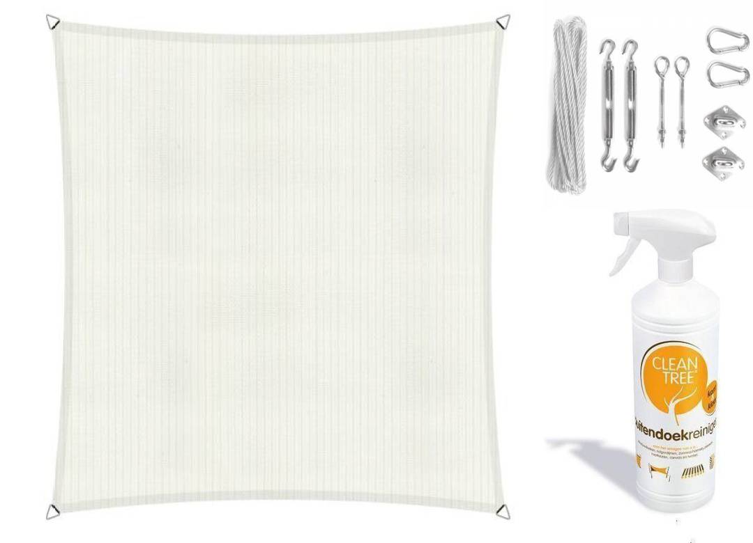 Compleet pakket: Shadow Comfort vierkant 5x5 Mineral White met RVS Bevestigingsset en buitendoekreiniger