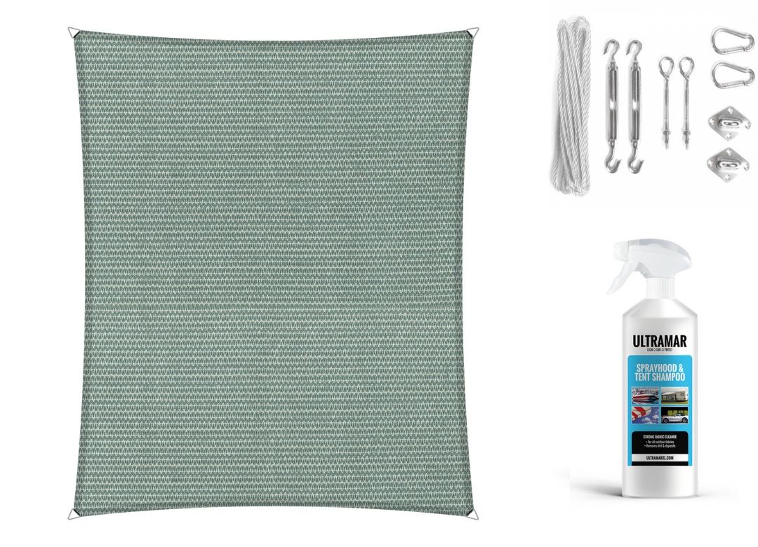 Compleet pakket: Shadow Comfort rechthoek 2x4m Country Blue Met RVS Bevestigingsset en buitendoek reiniger