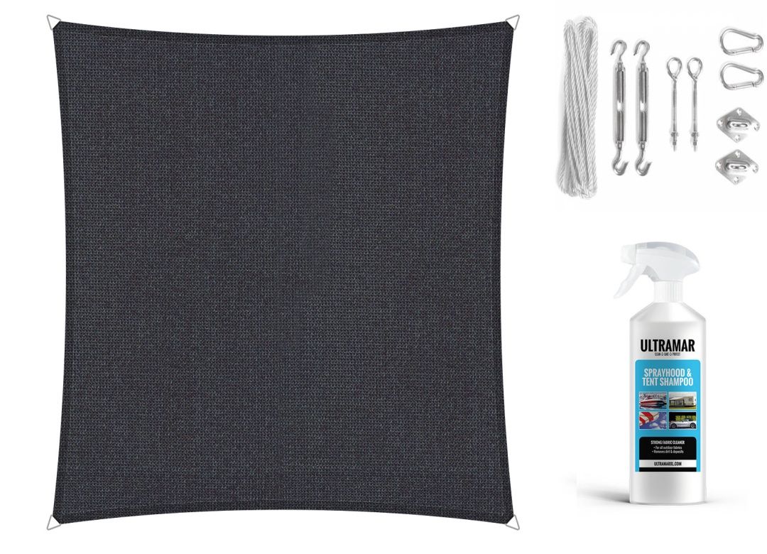 Compleet pakket: Shadow Comfort vierkant 3,6x3,6m Carbon Black met RVS Bevestigingsset en buitendoek reiniger