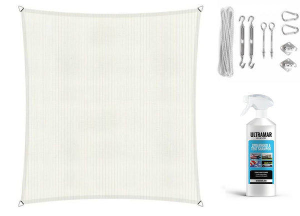 Compleet pakket: Shadow Comfort vierkant 2x2m Arctic White met RVS Bevestigingsset en Buitendoekreiniger