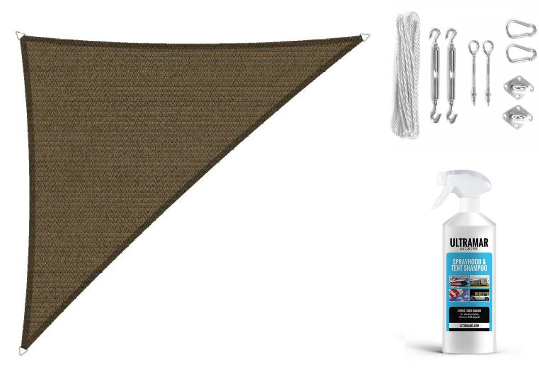 Compleet pakket: Shadow Comfort 90 graden driehoek 4x4x5,7m Japanese Brown met RVS Bevestigingsset en buitendoek reiniger