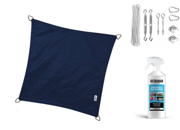 Compleet pakket: Nesling coolfit 3,6x3,6 Navy blauw met RVS Bevestigingsset en Buitendoekreiniger