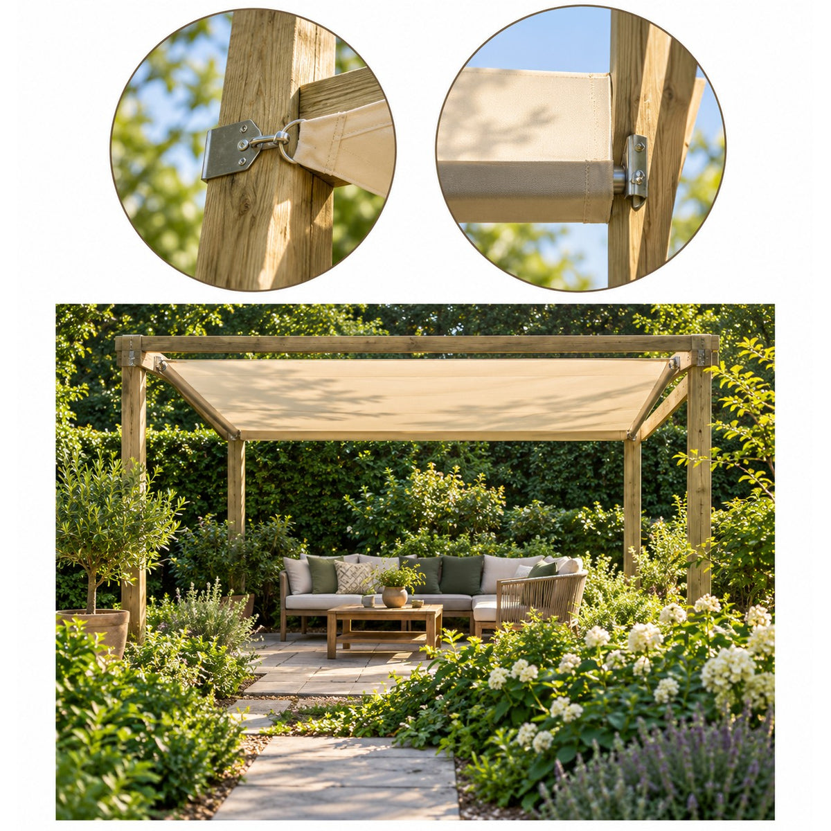 Sunfighters Wavesail Waterdicht 2,90x5 Grijs — pergola met golvend schaduwdoek en RVS bevestiging